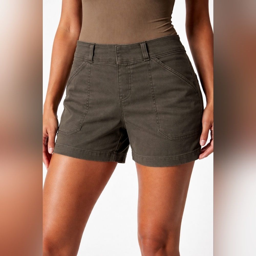 SPANX Stretch Twill Shorts Olive Pull-On Shaping Slim Fit Size Small